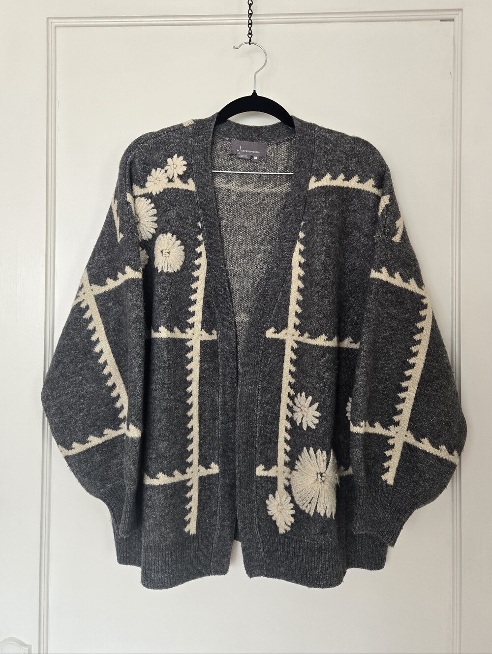 By Anthropologie Catherine Embroidered Floral Cardigan Sweater Grey One Size